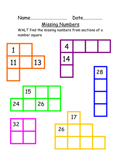 100 Square Grid Missing Numbers