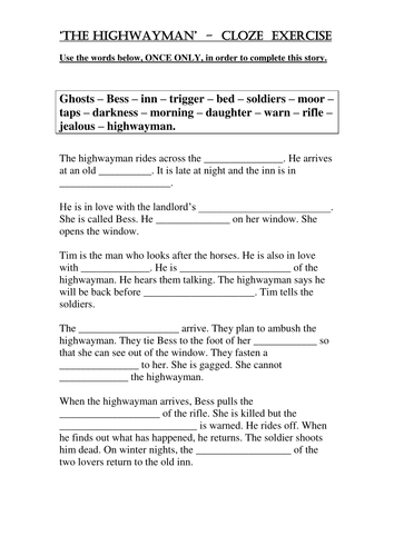 'The Highwayman' Cloze Exercise by Teach_First - Teaching Resources - Tes