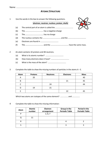 Atomic Structure Worksheet (H) by DRSLong - Teaching Resources - Tes