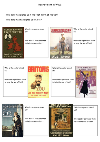 Recruitment In WWI source worksheet by sarahscd - Teaching Resources - Tes