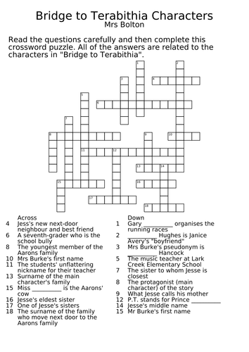 Worksheets Bridge To Terabithia Worksheets bridge to terabithia character crossword by claireebolton teaching resources tes