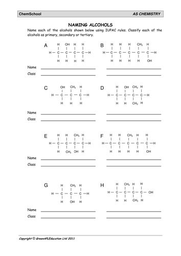 FREE Chemistry worksheet: Naming Alcohols by ChemSchoolTV ...