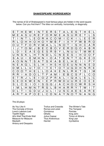 Shakespeare Wordsearch! Printable Worksheet by Miss_s_k - Teaching