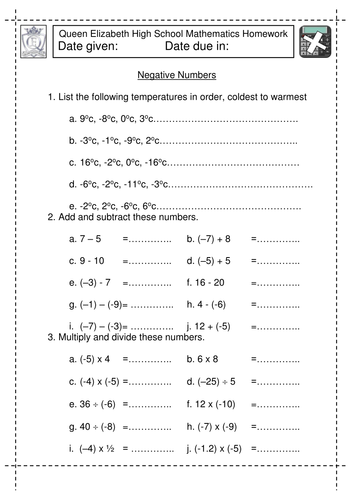 negative numbers homework ks3