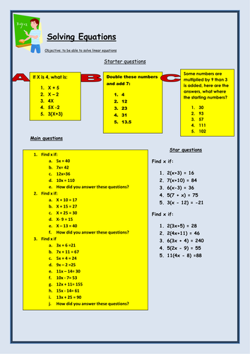 KS3/KS4 Maths: Solving linear equations worksheet by bcooper87