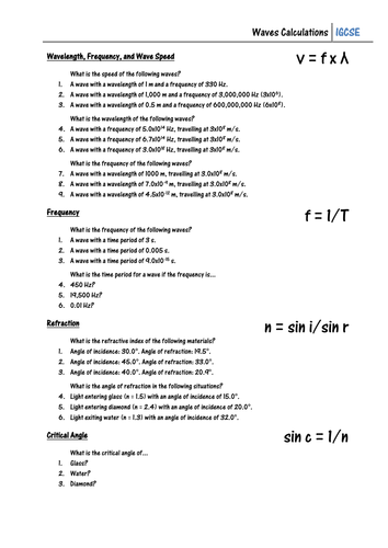 Worksheet Waves Calculations by CSnewin Teaching Resources Tes