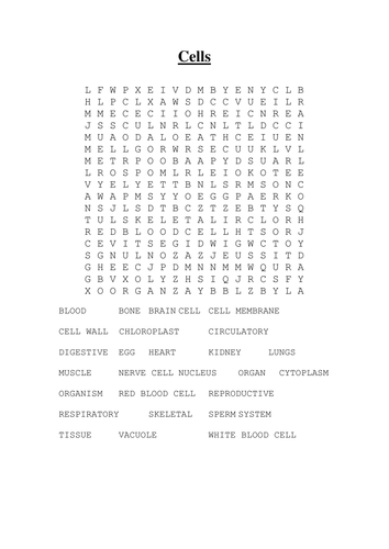 Cells wordsearch by ajewell - Teaching Resources - Tes