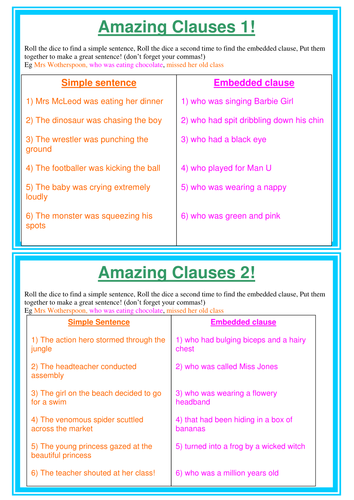 Amazing clauses sentence game - embedded, nouns by confusedaspie