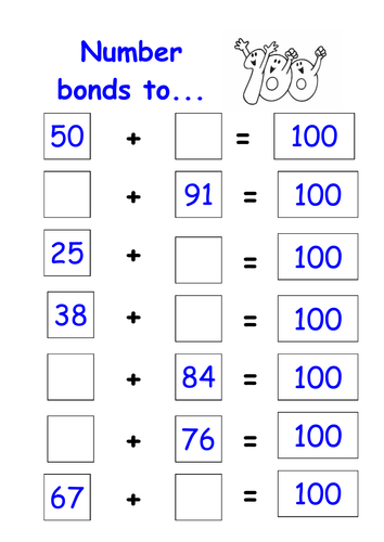 Number Bonds To 100 Worksheet Year 4
