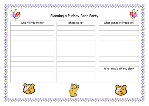 Planning a Pudsey Bear party by ruthbentham - Teaching Resources - Tes