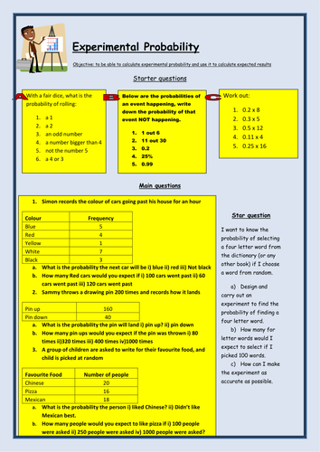 Maths KS3: Experimental Probability Worksheet by bcooper87 - Teaching