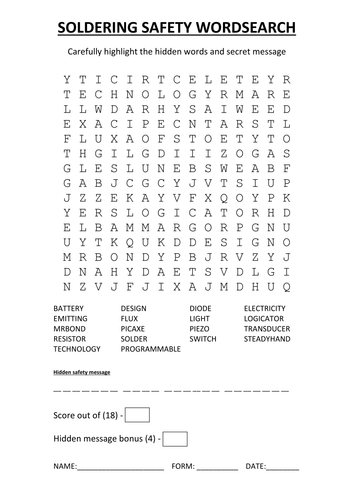Soldering safety wordsearch by rbond - Teaching Resources - Tes