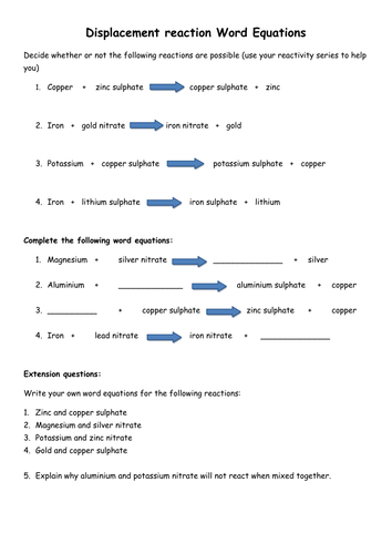 Worksheets Worksheet Word Equations displacement reaction word equations by pinkhelen teaching resources tes