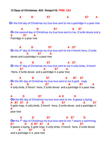 Chords Lyrics. ' Twelve days of Christmas ' by pwilloughby3 - Teaching Resources - Tes