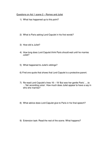 Romeo & Juliet: Questions Worksheet for 1.2 by Temperance - Teaching