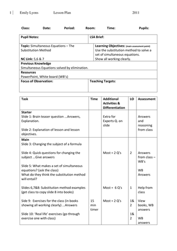 GCSE Maths: Simultaneous Equations Lesson Plan by elyons89 - Teaching