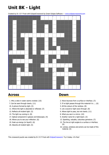 Light crossword by raj nandhra Teaching Resources Tes