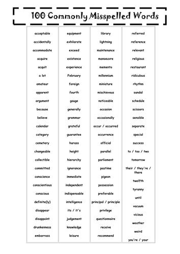 Commonly Misspelled Words worksheet By Maz1 Teaching Resources Tes