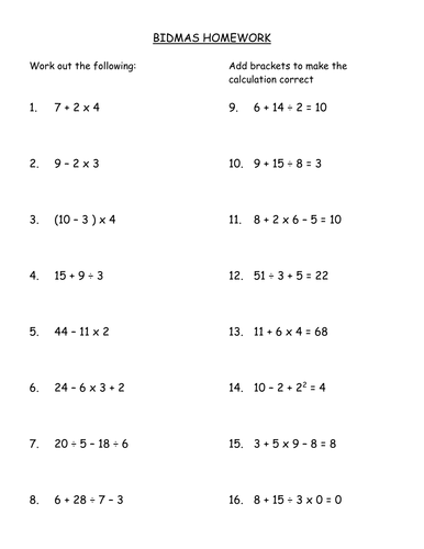 Year 7 Maths Worksheets Bidmas