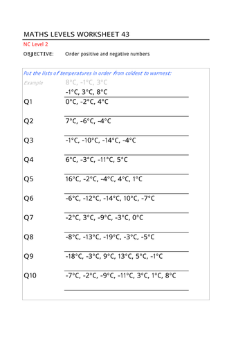 Order Positive And Negative Numbers Worksheet