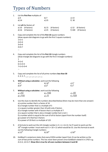 Types Of Numbers In Math Worksheet