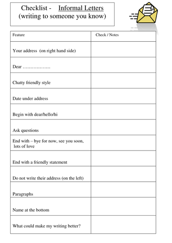 Informal Letter Checklist by nm74 - Teaching Resources - Tes