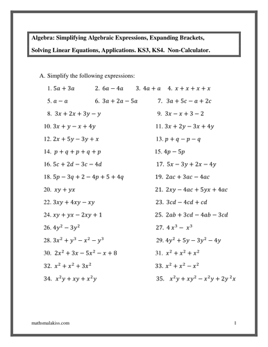 Algebra KS3 (KS4) with solutions by hassan2008 - Teaching Resources - Tes