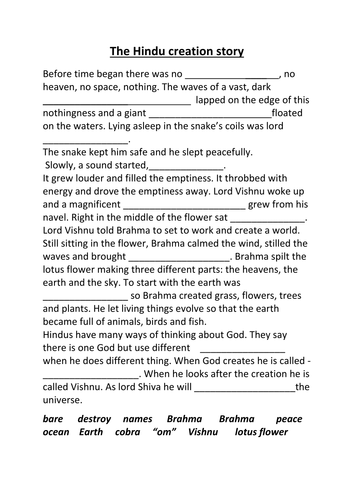 Hindu creation story cloze sheet by Noahstrolly - Teaching Resources - Tes