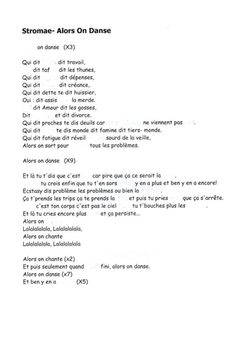 Song Stromae ALORS ON DANSE by Agnesba - Teaching Resources - Tes