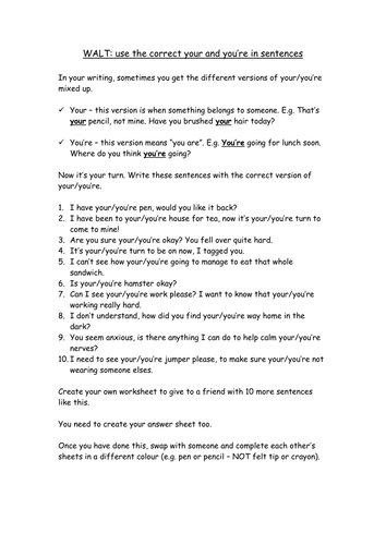 Worksheets Your You Re Worksheet spelling rules your and youre by tea belly teaching resources tes