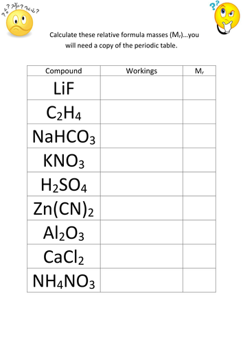 Formula mass, moles and % by mass worksheets by gerwynb - Teaching