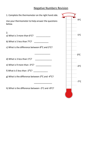 Thermometer Negative Numbers Worksheet