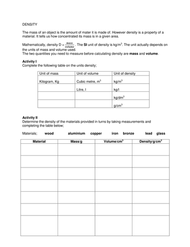 Density Worksheet by Seshie - Teaching Resources - Tes