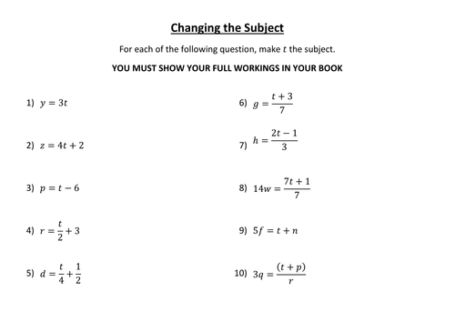 Changing the Subject Worksheet by t0md3an - Teaching Resources - Tes