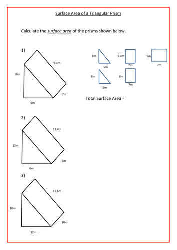 Worksheets Surface Area Worksheets surface area of triangular prisms by ra77 teaching resources tes