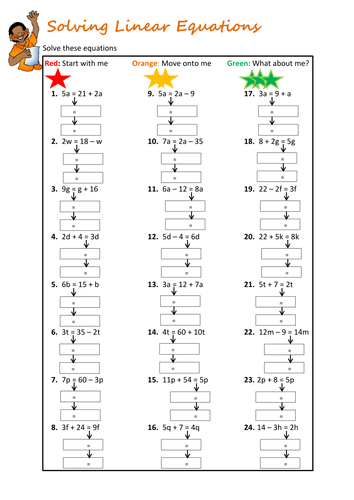 Solving Linear Equations Worksheet by floppityboppit Teaching Resources