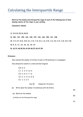 Worksheets Interquartile Range Worksheet calculating the interquartile range iqr by arout1 teaching resources tes