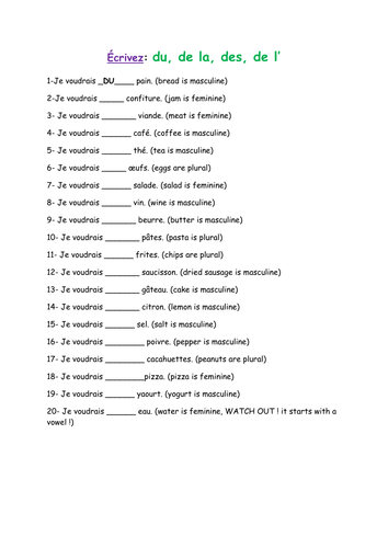 Worksheets 26 L Of The A Worksheet partitive articles du de la des l by oxducky teaching resources tes