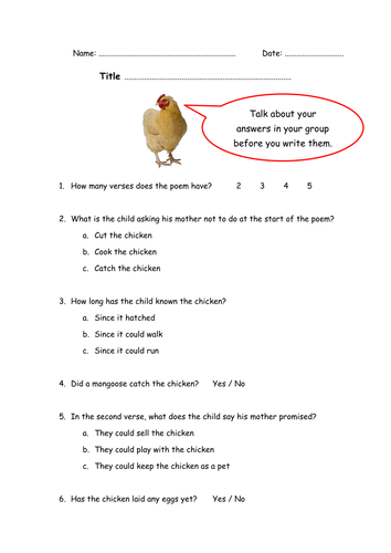 Chicken Dinner by Valerie Bloom: KS4 poetry by amanda63 - Teaching