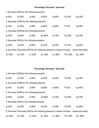 Worksheet on percentage increase and decreases by jhofmannmaths