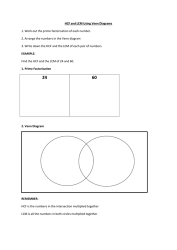 Hcf And Lcm Using Venn Diagrams Worksheet By Pascaler Teaching Resources Tes