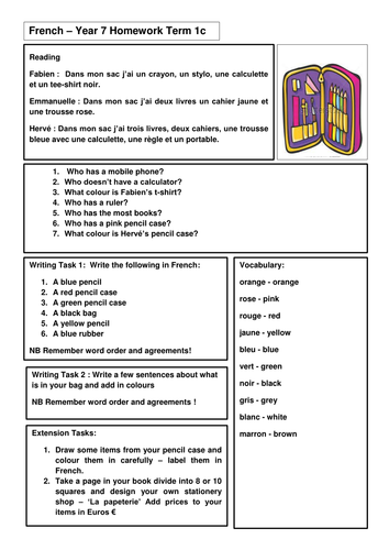 Year 7 French Homework by emmavjw - Teaching Resources - Tes