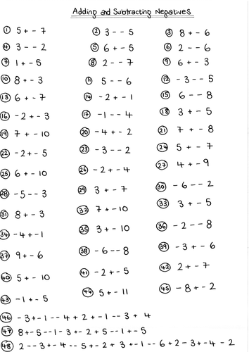 Adding And Subtracting Negative Numbers Worksheets