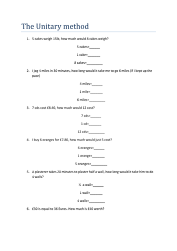 Unitary Method Starter / Homework by HolyheadSchool - Teaching