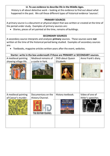 Primary and secondary sources: starter by EmilyTostevin  Teaching Resources  Tes