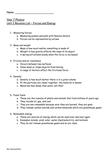 Forces and Energy differentiated revision sheets by MrsWolsey