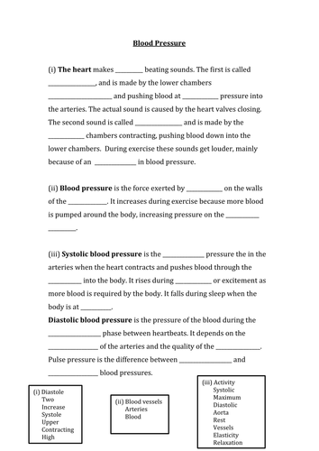 Blood Pressure Worksheet by hannahfarmer17 - Teaching Resources - Tes