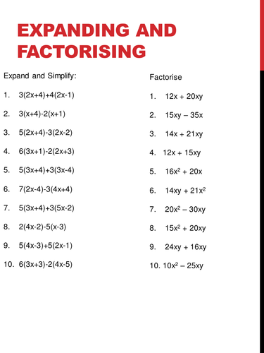 Expanding, Simplifying and Factorising Worksheet by HolyheadSchool