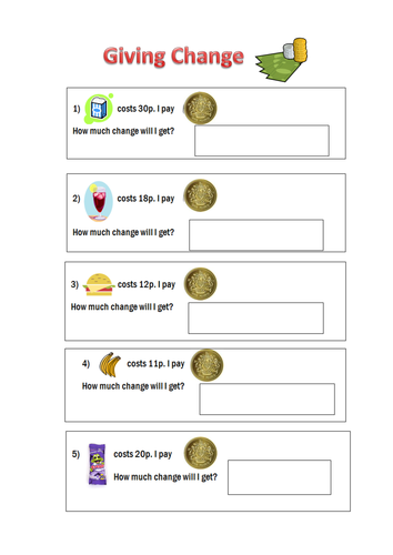 Giving Change worksheets by misshammersley - Teaching Resources - Tes