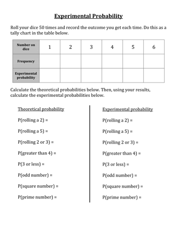 Worksheets Theoretical Probability Worksheets comparing experimental and theoretical probability by smoulder1992 teaching resources tes